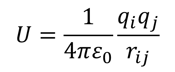 Coulomb's Law for electrostatic energy. Electrostatic potential energy, U, equals 1 over 4 pi epsilon sub zero times q sub i q sub 2 over r sub i j 